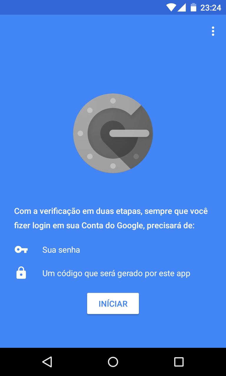 Tela inicial do Google Authenticator