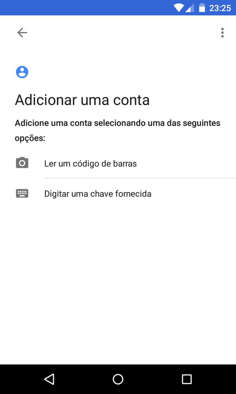 Opções para adicionar uma conta no Google Authenticator