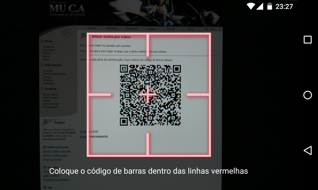 Leitura do código QR no Google Authenticator